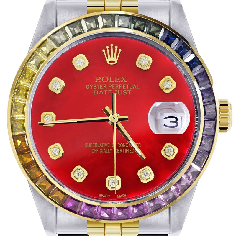 Diamond Gold Rolex Watch For Men 16233 | 36Mm | Rainbow Sapphire Bezel | Red Dial | Jubilee Band