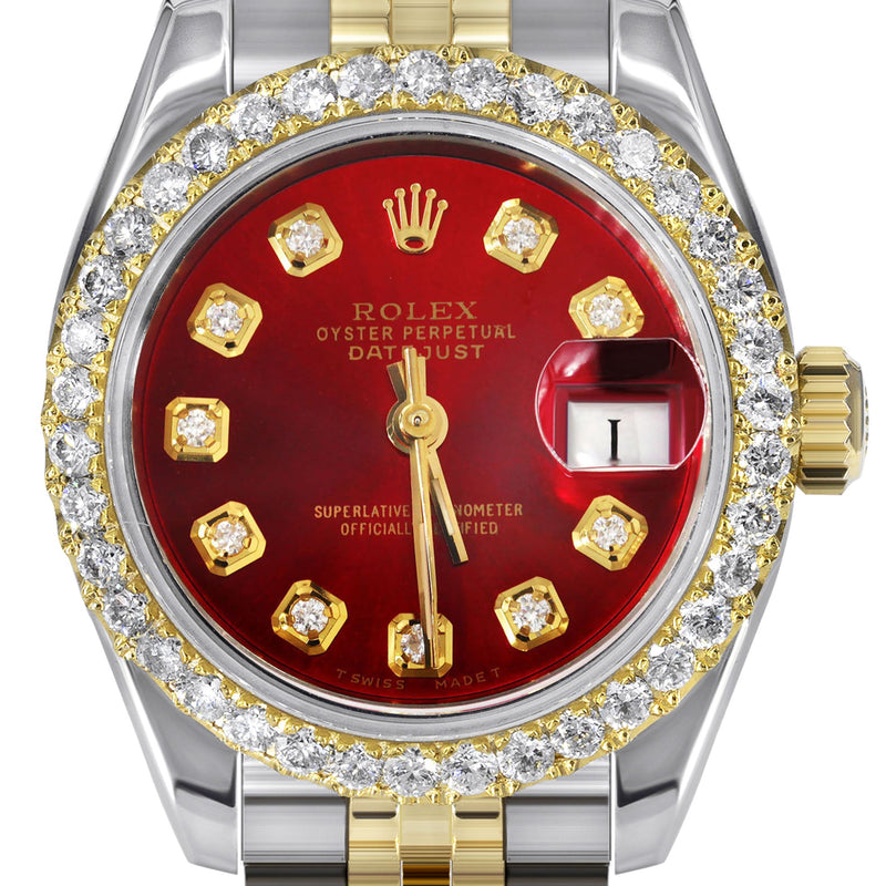 Womens Diamond Gold Hidden Clasp Rolex Watch | 1 Carat Bezel | 26Mm | Red Dial | Jubilee Band | Model 179173