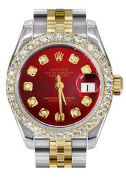 Womens Diamond Gold Hidden Clasp Rolex Watch | 1 Carat Bezel | 26Mm | Red Dial | Jubilee Band | Model 179173