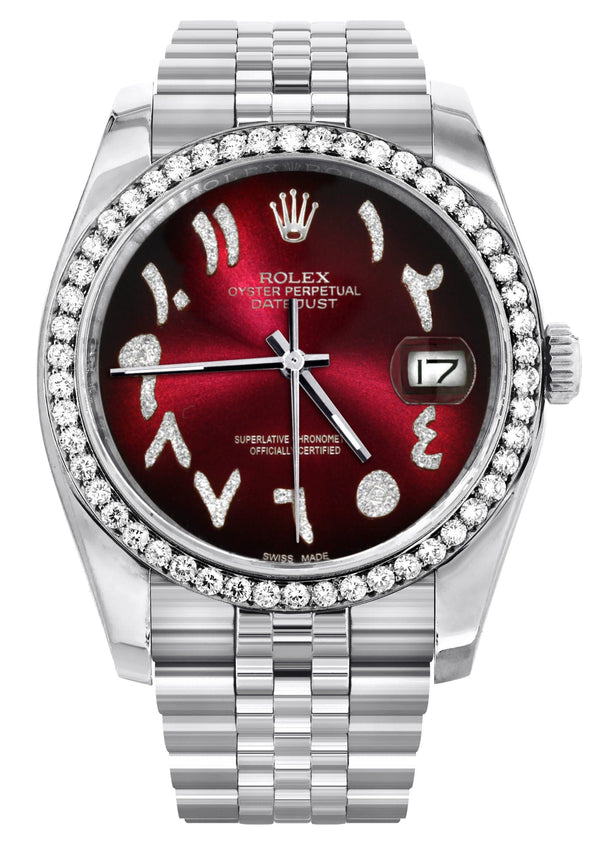 116200 | Hidden Clasp | Diamond Rolex Datejust Watch | 36Mm | Red Black Arabic Diamond Dial | Jubilee Band