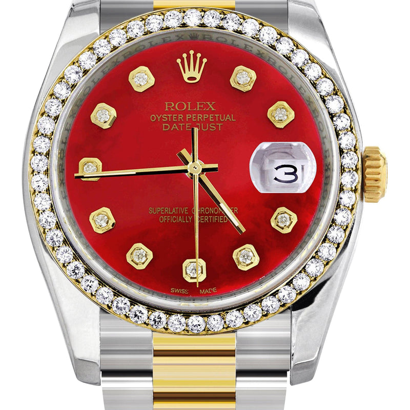 116233 | Diamond Gold Rolex Watch For Men | 36Mm | Red Dial | Oyster Band