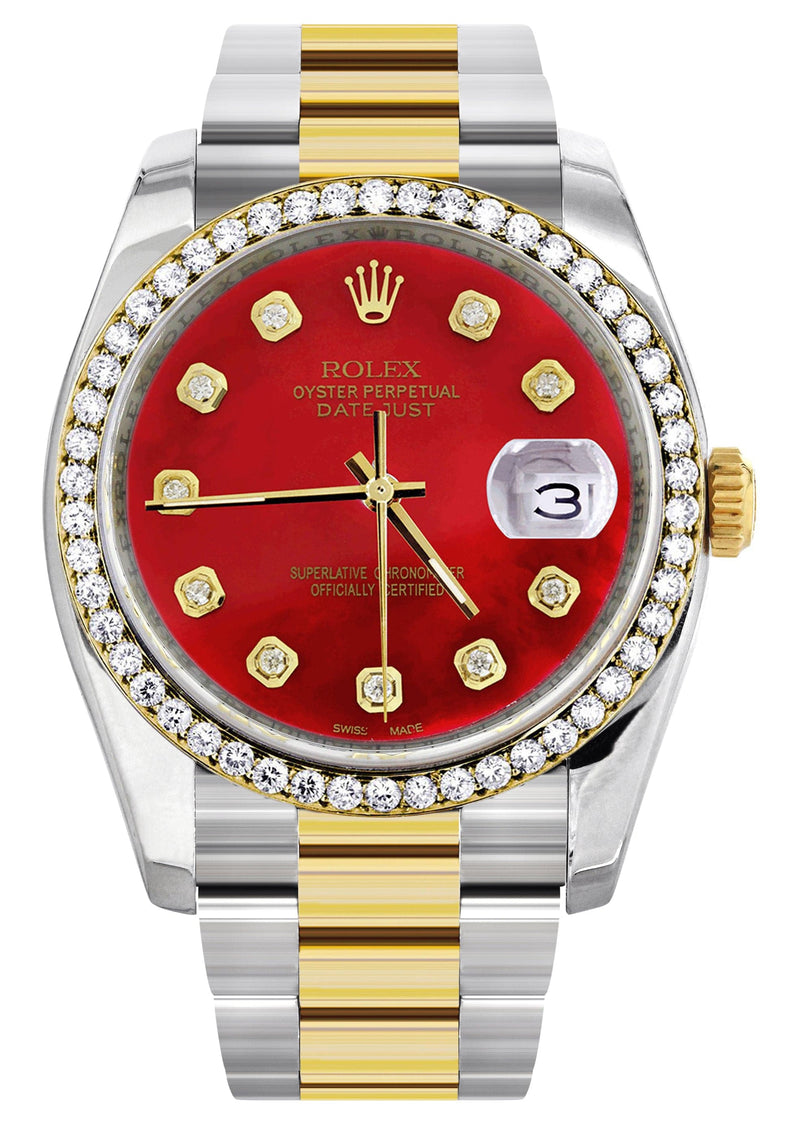 116233 | Diamond Gold Rolex Watch For Men | 36Mm | Red Dial | Oyster Band