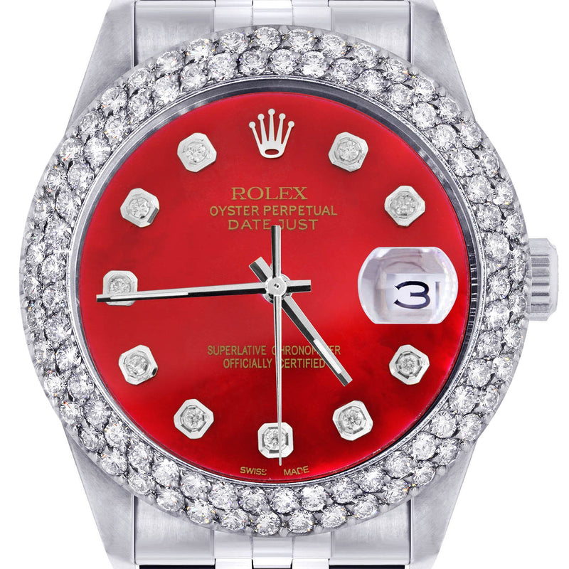 Womens Rolex Datejust Watch 16200 | 36Mm | Red Dial | Two Row 4.25 Carat Bezel | Jubilee Band