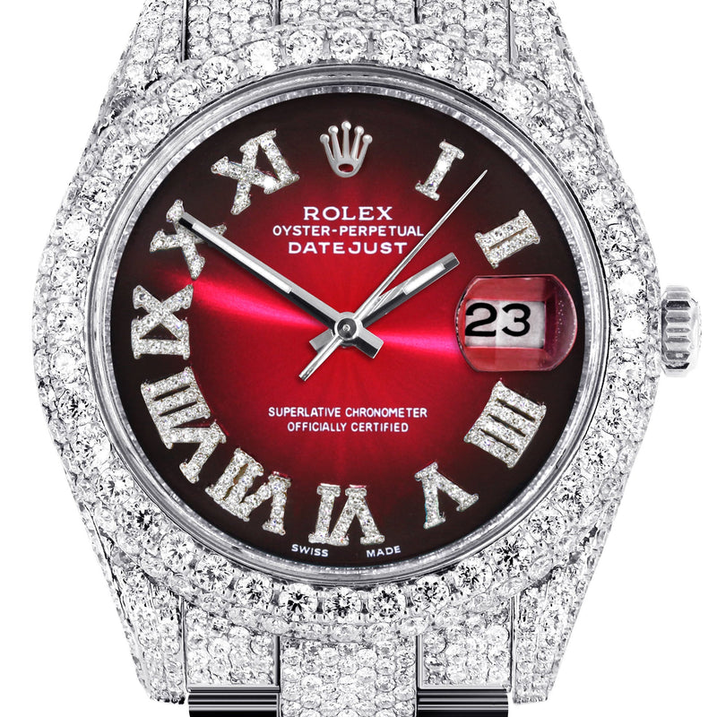 Womens Diamond Iced Out Rolex Datejust 41 | 25 Carats Of Diamonds | Red Black Roman Numeral Dial | Two Row | Oyster Band