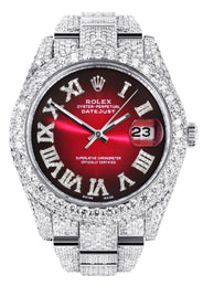Womens Diamond Iced Out Rolex Datejust 41 | 25 Carats Of Diamonds | Red Black Roman Numeral Dial | Two Row | Oyster Band