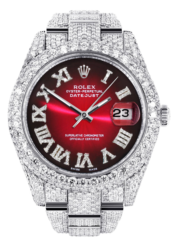 Womens Diamond Iced Out Rolex Datejust 41 | 25 Carats Of Diamonds | Red Black Roman Numeral Dial | Two Row | Oyster Band
