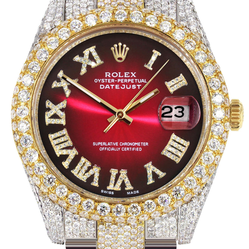 Diamond Iced Out Rolex Datejust 41 | 25 Carats Of Diamonds | Red Black Roman Numeral Dial | Two Tone | Two Row | Oyster Band