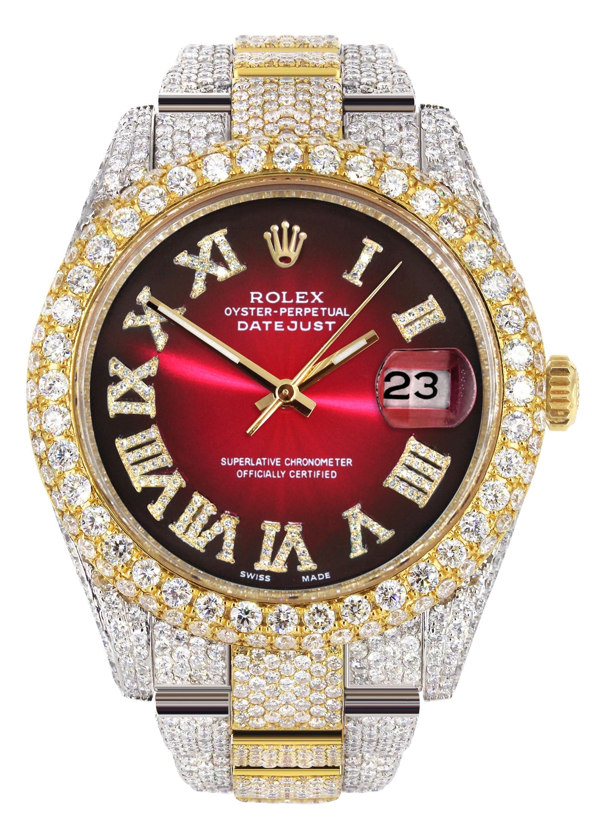 Diamond Iced Out Rolex Datejust 41 | 25 Carats Of Diamonds | Red Black Roman Numeral Dial | Two Tone | Two Row | Oyster Band