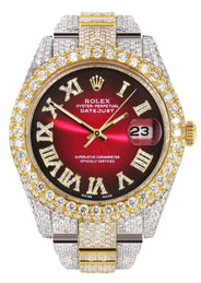 Diamond Iced Out Rolex Datejust 41 | 25 Carats Of Diamonds | Red Black Roman Numeral Dial | Two Tone | Two Row | Oyster Band