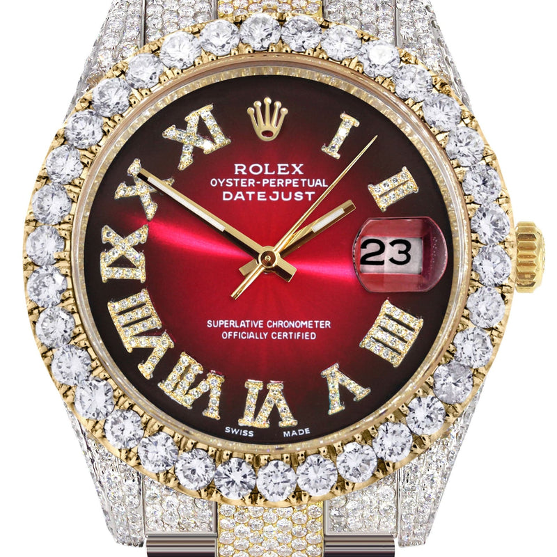 Diamond Iced Out Rolex Datejust 41 | 25 Carats Of Diamonds | Custom Red Black Roman Numeral Dial | Two Tone | Oyster Band