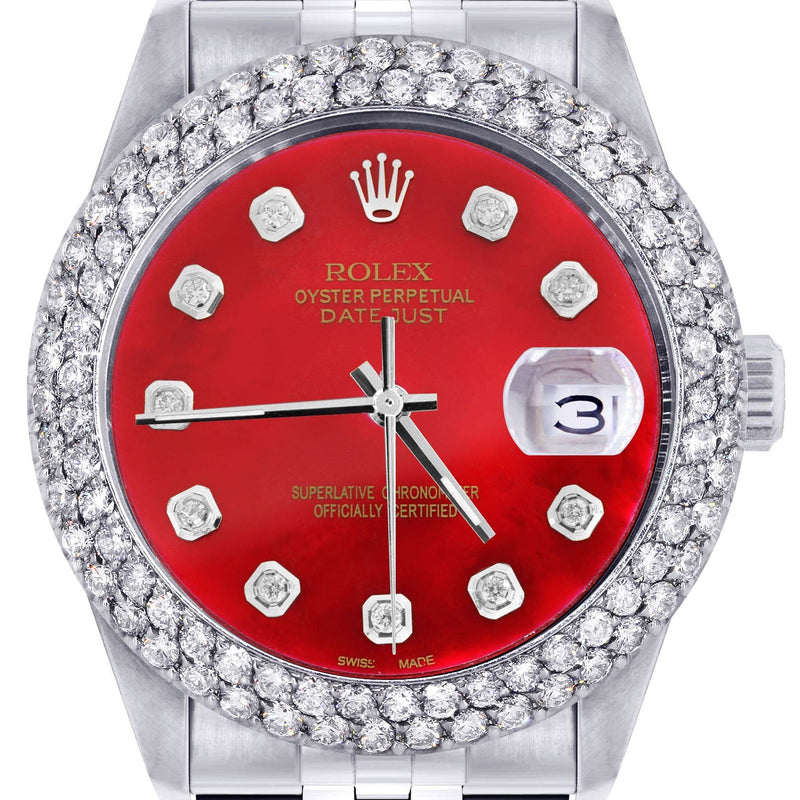Mens Rolex Datejust Watch 16200 | 36Mm | Red Dial | Two Row 4.25 Carat Bezel | Jubilee Band