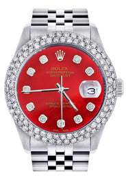 Mens Rolex Datejust Watch 16200 | 36Mm | Red Dial | Two Row 4.25 Carat Bezel | Jubilee Band