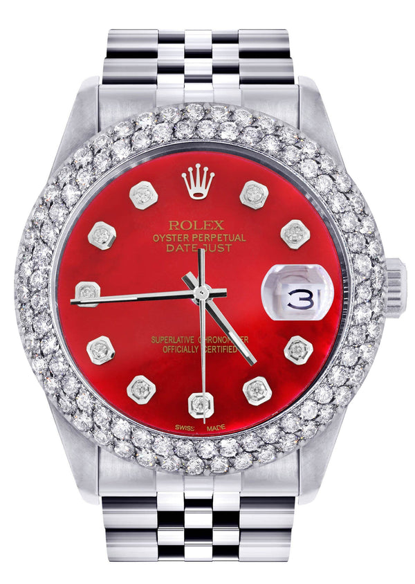 Mens Rolex Datejust Watch 16200 | 36Mm | Red Dial | Two Row 4.25 Carat Bezel | Jubilee Band