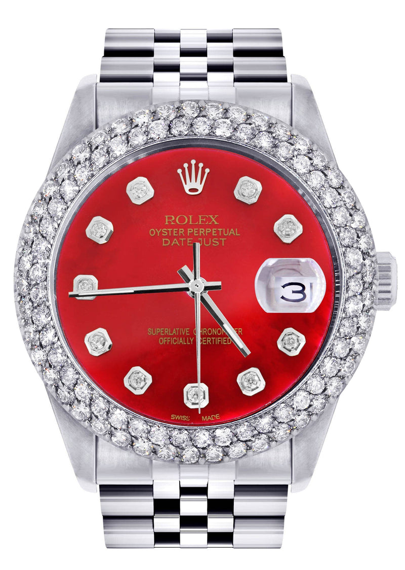 Mens Rolex Datejust Watch 16200 | 36Mm | Red Dial | Two Row 4.25 Carat Bezel | Jubilee Band