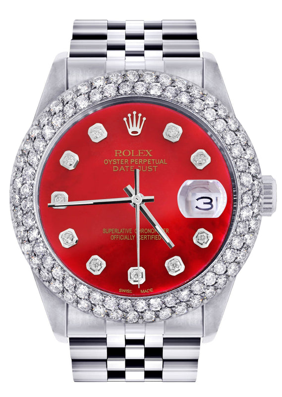 Mens Rolex Datejust Watch 16200 | 36Mm | Red Dial | Two Row 4.25 Carat Bezel | Jubilee Band