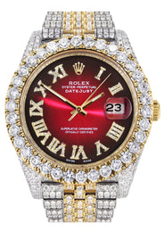 Diamond Iced Out Rolex Datejust 41 | 25 Carats Of Diamonds | Custom Red Black Dial | Two Tone | Jubilee Band