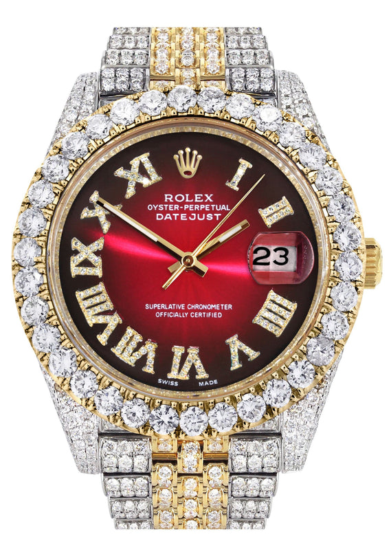 Diamond Iced Out Rolex Datejust 41 | 25 Carats Of Diamonds | Custom Red Black Dial | Two Tone | Jubilee Band