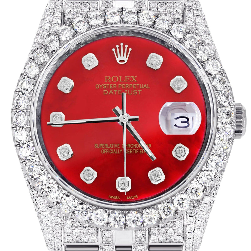 Iced Out Rolex Datejust 36 MM | Stainless Steel | 16.5 Carats of Diamonds | Red Diamond Dial | Jubilee Band | Model 116200