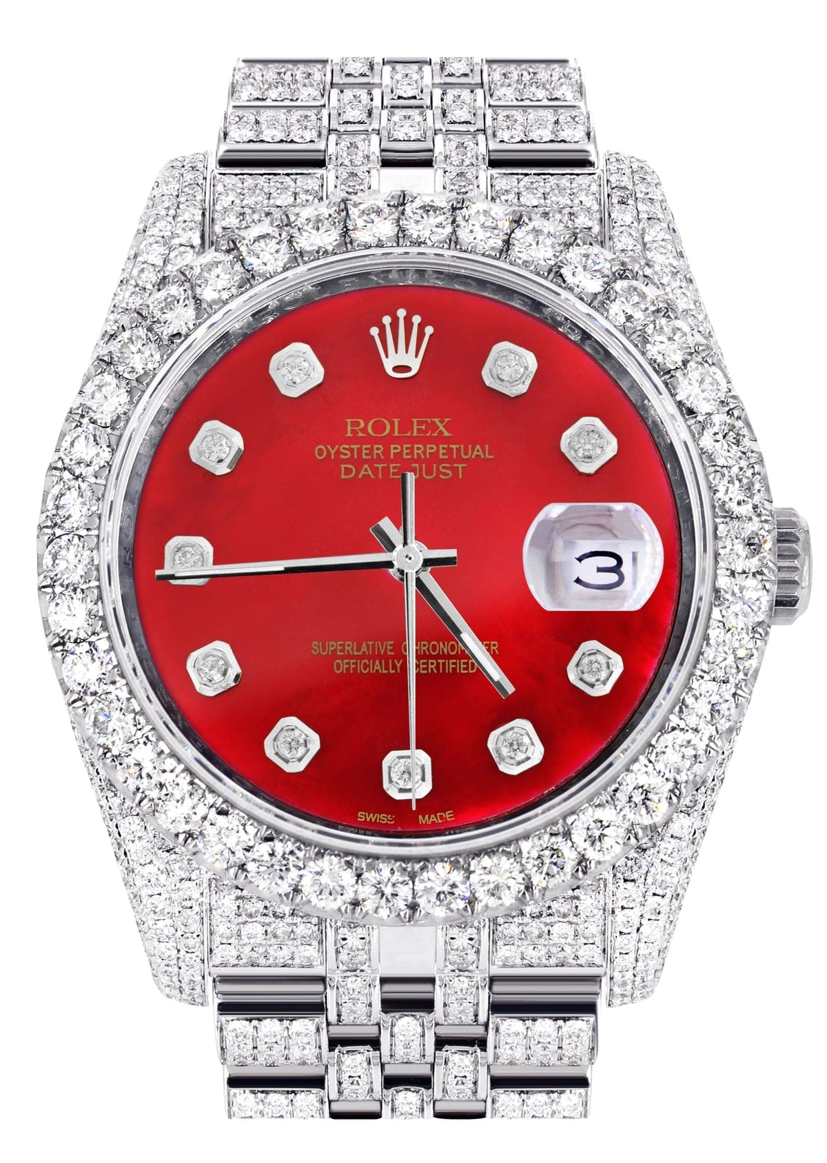 Iced Out Rolex Datejust 36 MM | Stainless Steel | 16.5 Carats of Diamonds | Red Diamond Dial | Jubilee Band | Model 116200