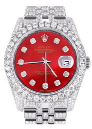 Iced Out Rolex Datejust 36 MM | Stainless Steel | 16.5 Carats of Diamonds | Red Diamond Dial | Jubilee Band | Model 116200