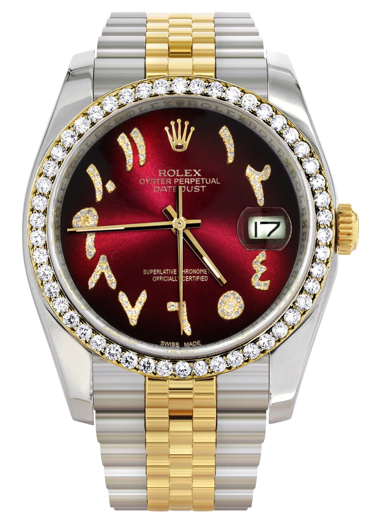 116233 | Hidden Clasp | Gold & Steel Rolex Datejust Watch | 36Mm | Red Black Arabic Diamond Dial | Jubilee Band