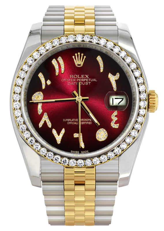 116233 | Hidden Clasp | Gold & Steel Rolex Datejust Watch | 36Mm | Red Black Arabic Diamond Dial | Jubilee Band