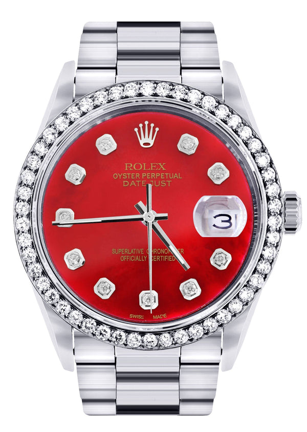 Diamond Mens Rolex Datejust Watch 16200 | 36Mm | Red Diamond Dial | Oyster Band