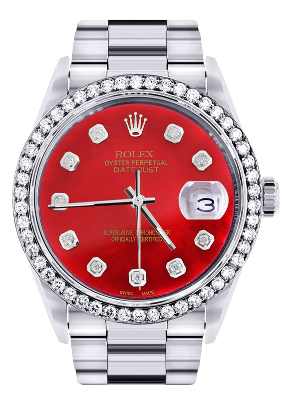 Diamond Mens Rolex Datejust Watch 16200 | 36Mm | Red Diamond Dial | Oyster Band