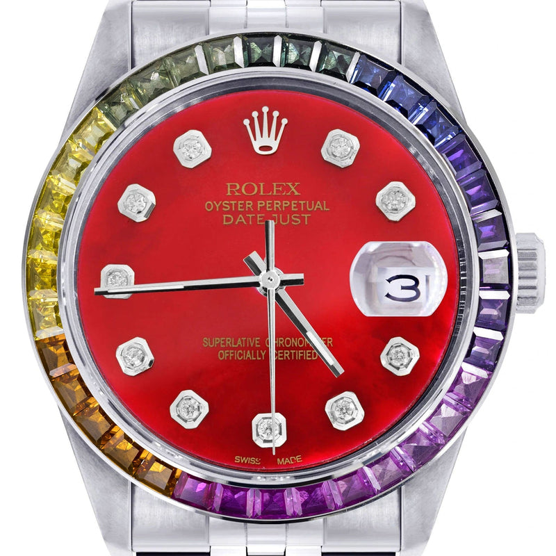 Diamond Gold Rolex Watch For Men 16200 | 36Mm | Rainbow Sapphire Bezel | Red Dial | Jubilee Band