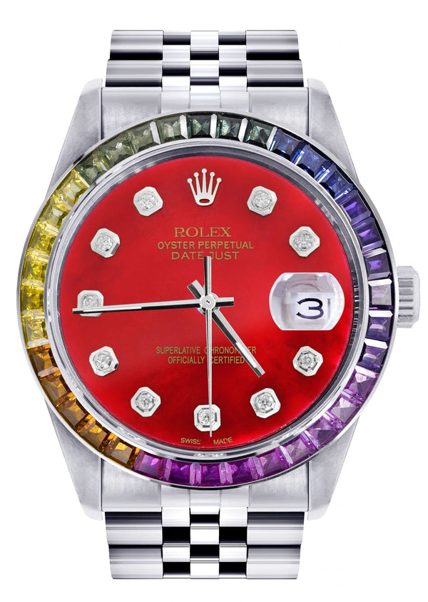 Diamond Gold Rolex Watch For Men 16200 | 36Mm | Rainbow Sapphire Bezel | Red Dial | Jubilee Band