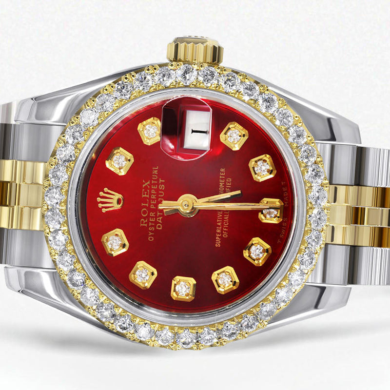 Womens Diamond Gold Hidden Clasp Rolex Watch | 1 Carat Bezel | 26Mm | Red Dial | Jubilee Band | Model 179173