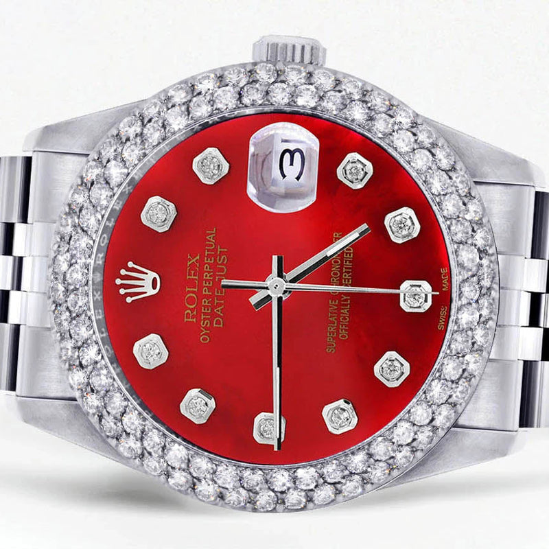 Womens Rolex Datejust Watch 16200 | 36Mm | Red Dial | Two Row 4.25 Carat Bezel | Jubilee Band