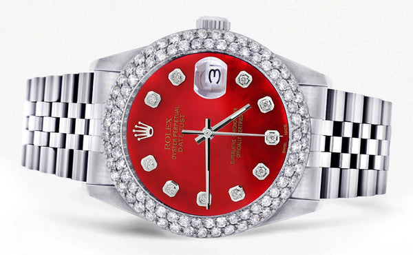 Womens Rolex Datejust Watch 16200 | 36Mm | Red Dial | Two Row 4.25 Carat Bezel | Jubilee Band