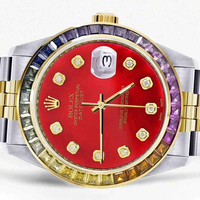 Diamond Gold Rolex Watch For Men 16233 | 36Mm | Rainbow Sapphire Bezel | Red Dial | Jubilee Band