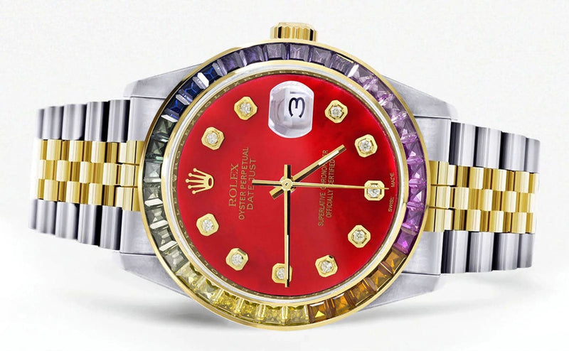 Diamond Gold Rolex Watch For Men 16233 | 36Mm | Rainbow Sapphire Bezel | Red Dial | Jubilee Band