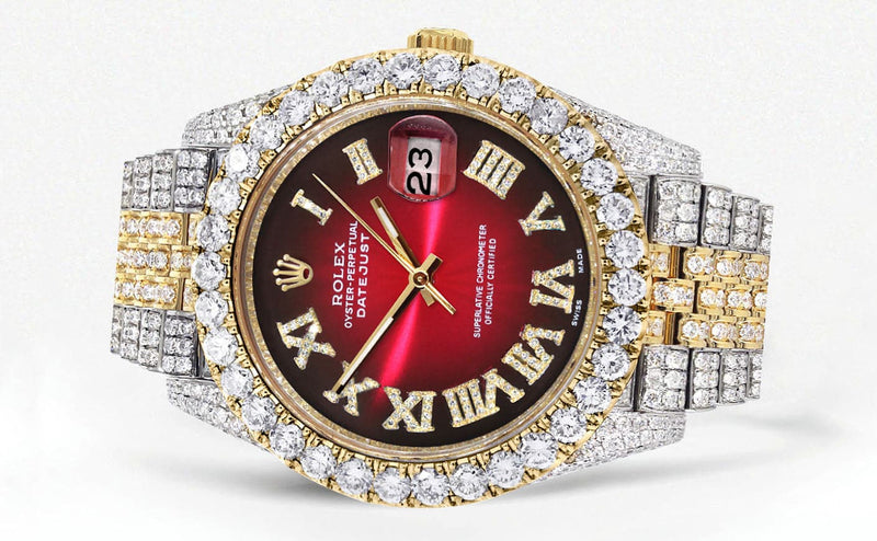 Diamond Iced Out Rolex Datejust 41 | 25 Carats Of Diamonds | Custom Red Black Dial | Two Tone | Jubilee Band