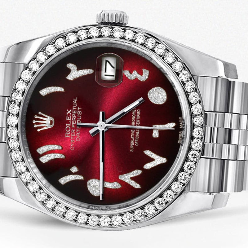 116200 | Hidden Clasp | Diamond Rolex Datejust Watch | 36Mm | Red Black Arabic Diamond Dial | Jubilee Band
