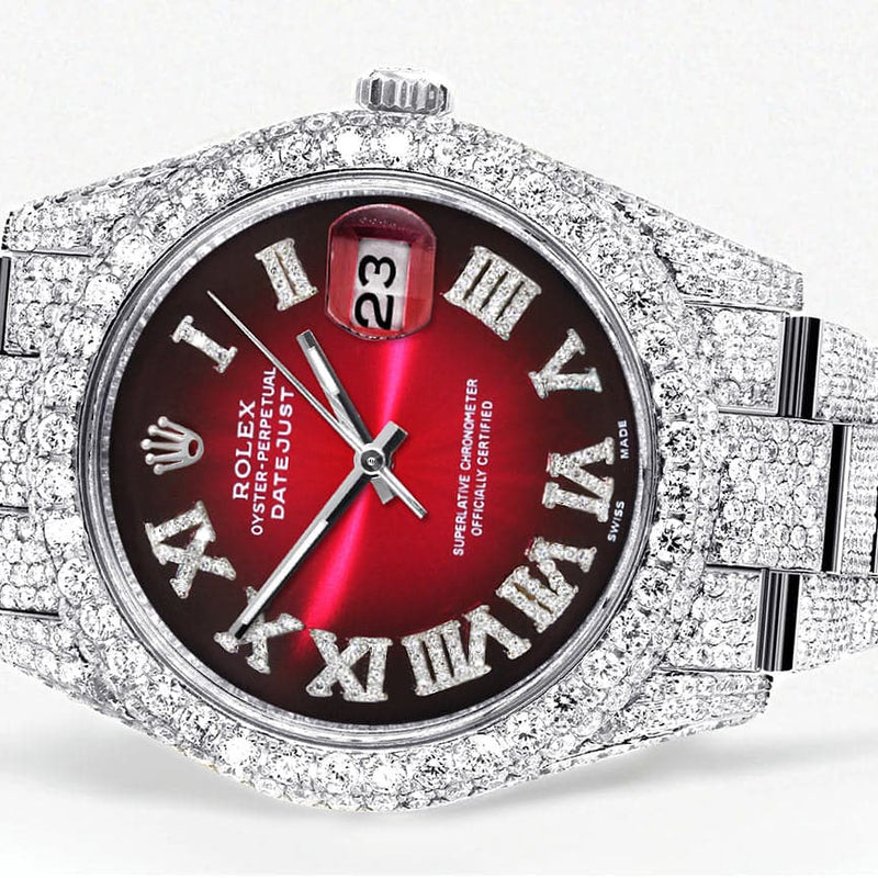 Diamond Iced Out Rolex Datejust 41 | 25 Carats Of Diamonds | Red Black Roman Numeral Dial | Two Row | Oyster Band