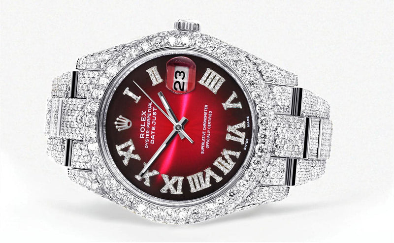 Diamond Iced Out Rolex Datejust 41 | 25 Carats Of Diamonds | Red Black Roman Numeral Dial | Two Row | Oyster Band