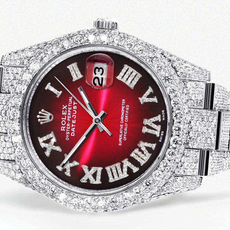Womens Diamond Iced Out Rolex Datejust 41 | 25 Carats Of Diamonds | Red Black Roman Numeral Dial | Two Row | Oyster Band