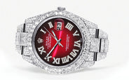 Womens Diamond Iced Out Rolex Datejust 41 | 25 Carats Of Diamonds | Red Black Roman Numeral Dial | Two Row | Oyster Band