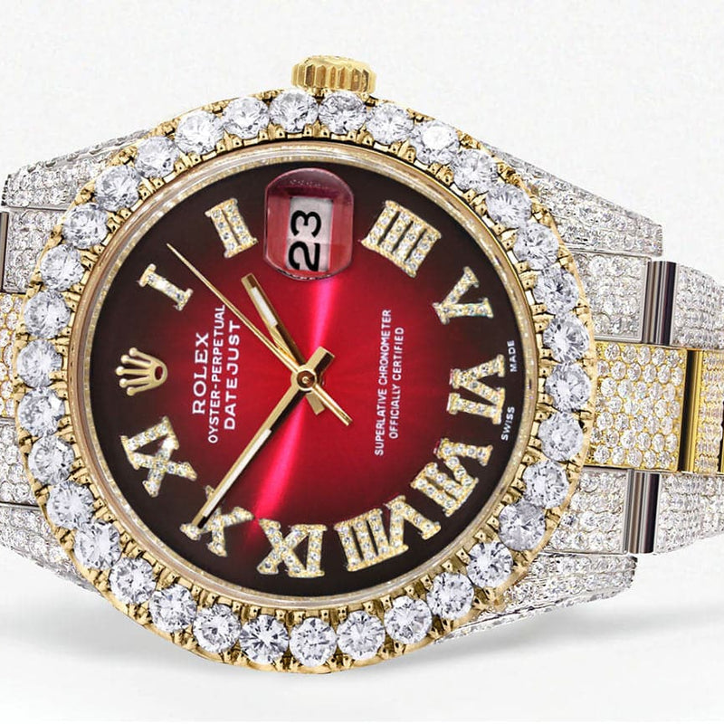 Diamond Iced Out Rolex Datejust 41 | 25 Carats Of Diamonds | Custom Red Black Roman Numeral Dial | Two Tone | Oyster Band