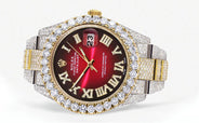 Diamond Iced Out Rolex Datejust 41 | 25 Carats Of Diamonds | Custom Red Black Roman Numeral Dial | Two Tone | Oyster Band