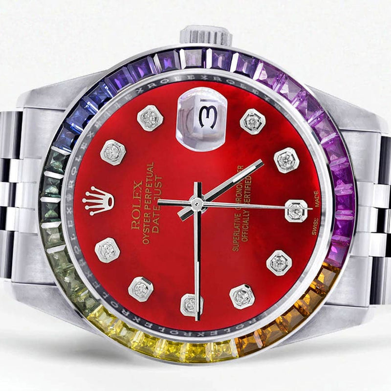 Diamond Gold Rolex Watch For Men 16200 | 36Mm | Rainbow Sapphire Bezel | Red Dial | Jubilee Band