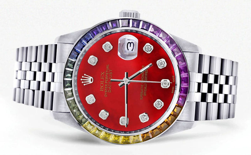 Diamond Gold Rolex Watch For Men 16200 | 36Mm | Rainbow Sapphire Bezel | Red Dial | Jubilee Band