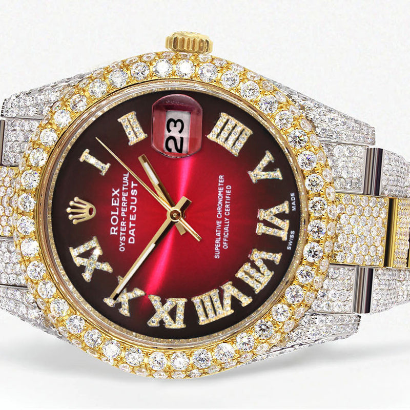 Womens Diamond Iced Out Rolex Datejust 41 | 25 Carats Of Diamonds | Red Black Roman Numeral Dial | Two Tone | Two Row | Oyster Band