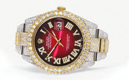 Womens Diamond Iced Out Rolex Datejust 41 | 25 Carats Of Diamonds | Red Black Roman Numeral Dial | Two Tone | Two Row | Oyster Band