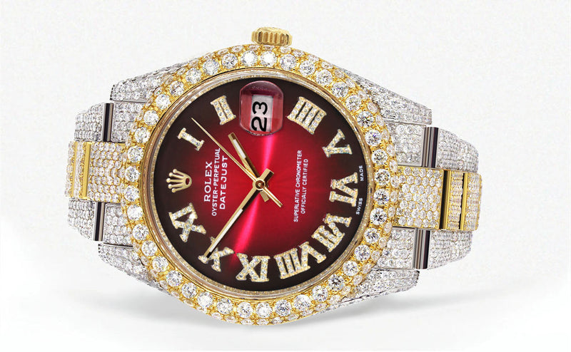 Womens Diamond Iced Out Rolex Datejust 41 | 25 Carats Of Diamonds | Red Black Roman Numeral Dial | Two Tone | Two Row | Oyster Band