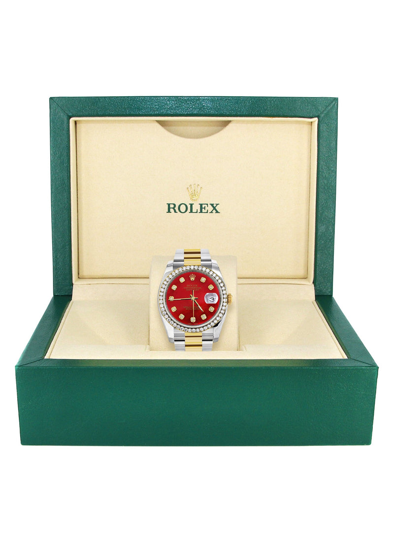 116233 | Diamond Gold Rolex Watch For Men | 36Mm | Red Dial | Oyster Band