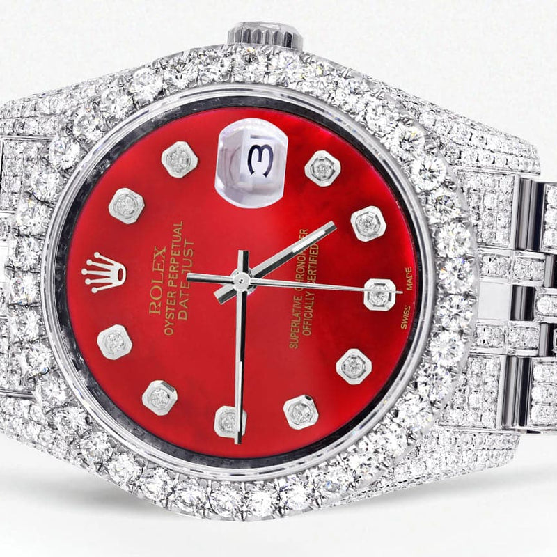 Iced Out Rolex Datejust 36 MM | Stainless Steel | 16.5 Carats of Diamonds | Red Diamond Dial | Jubilee Band | Model 116200